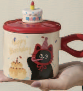 Mug with Birthday Cake Cat Design Red 380ml