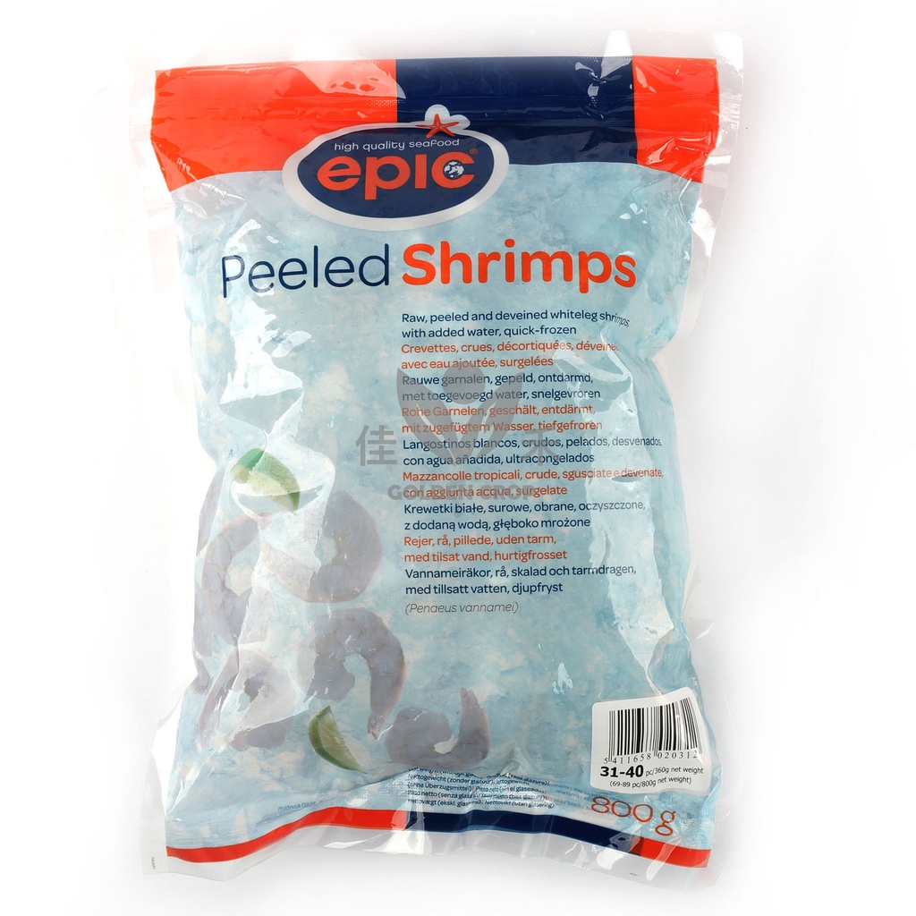EPIC 31/40 Cooked & Peeled Tail On Vannamei Shrimps 800g